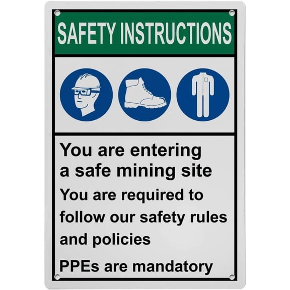 Industrial ANSI Vertical Mining Sign - 8"x12" Weatherproof UV Resistant (Entering safe mining site Follow safety rules PPEs mandatory) for Indoor/Outdoor