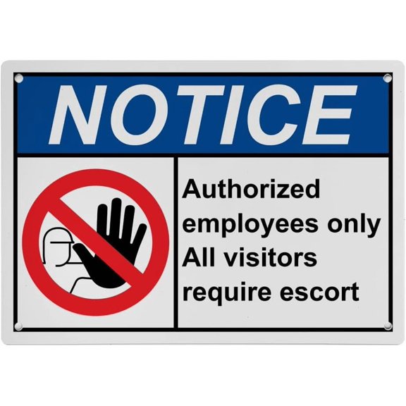 Industrial ANSI Visitors Sign - 8"x12" Weatherproof, UV Resistant for Indoor/Outdoor Workplace (Authorized employees only All visitors require escort)