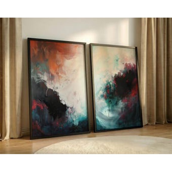 Industrial Abstract Wall Art Rusty Orange and Teal Prints, Grunge Texture Decor, Loft Art, Moody Distressed Painting Style, Set 2, Poster Only