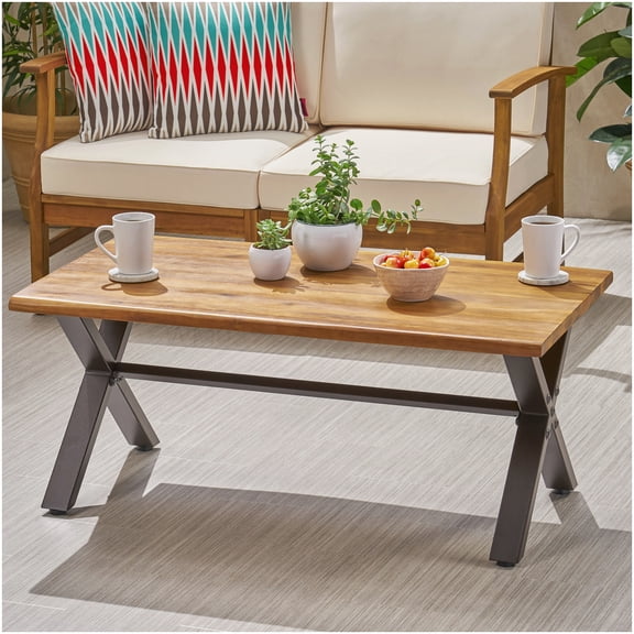 Industrial Acacia Wood Outdoor Coffee Table, Teak Finish & Black Metal Base for Patio