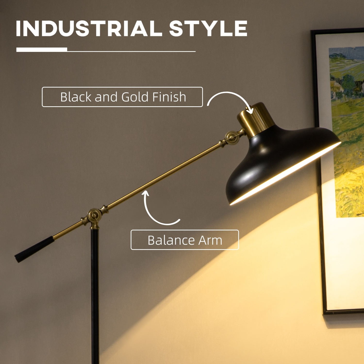 Industrial Adjustable Floor Lamp with Balance Arm - Black and Gold 48.75"-65" Height for Living Room Reading