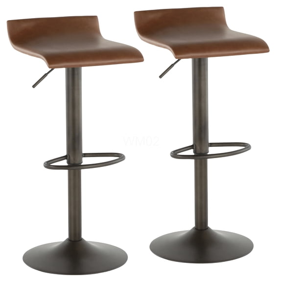 Industrial Adjustable Swivel Bar Stools Set of 2, Brown Faux Leather with Antique Metal Footrest