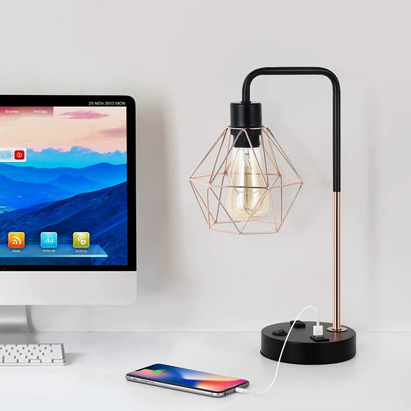Industrial And Modern Design Side Table Lamp With Dual Usb Charging Port Desk Lamp 2 Power Outlets Desk Lamp