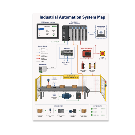 Industrial Automation System Map Poster, Controls Engineers, Classrooms, Workshops, and Automation Enthusiasts, 13x19 Glossy Paper