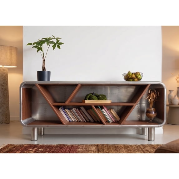 Plane Shelll Meta Shell Industrial Aviator Bookcase, Riveted Aluminum Console Table with ...