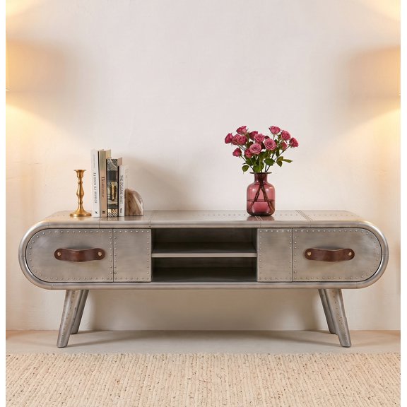 Industrial Aviator Console Table Aluminum Finish With Patchwork and Leather Strap Handles and Open Shelf Media Storage