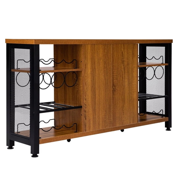 Industrial Bar Cabinet 55 Inch, Rustic Oak Finish, 24 Bottle Wine Rack, Metal Mesh Door, Farmhouse Wood Coffee Bar for Living Room & Dining Room