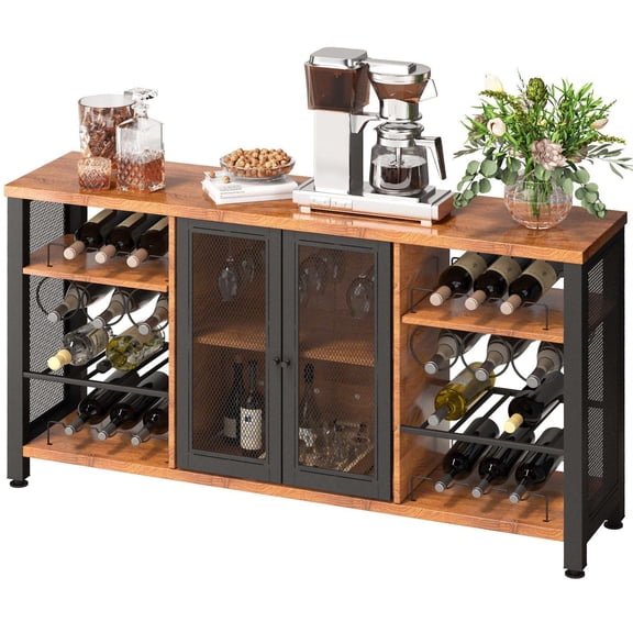 Industrial Bar Cabinet Wine Rack - 55" Farmhouse Liquor Cabinet with Glass Holder & Metal Mesh Door - Rustic Oak Coffee Bar for Living & Dining Room