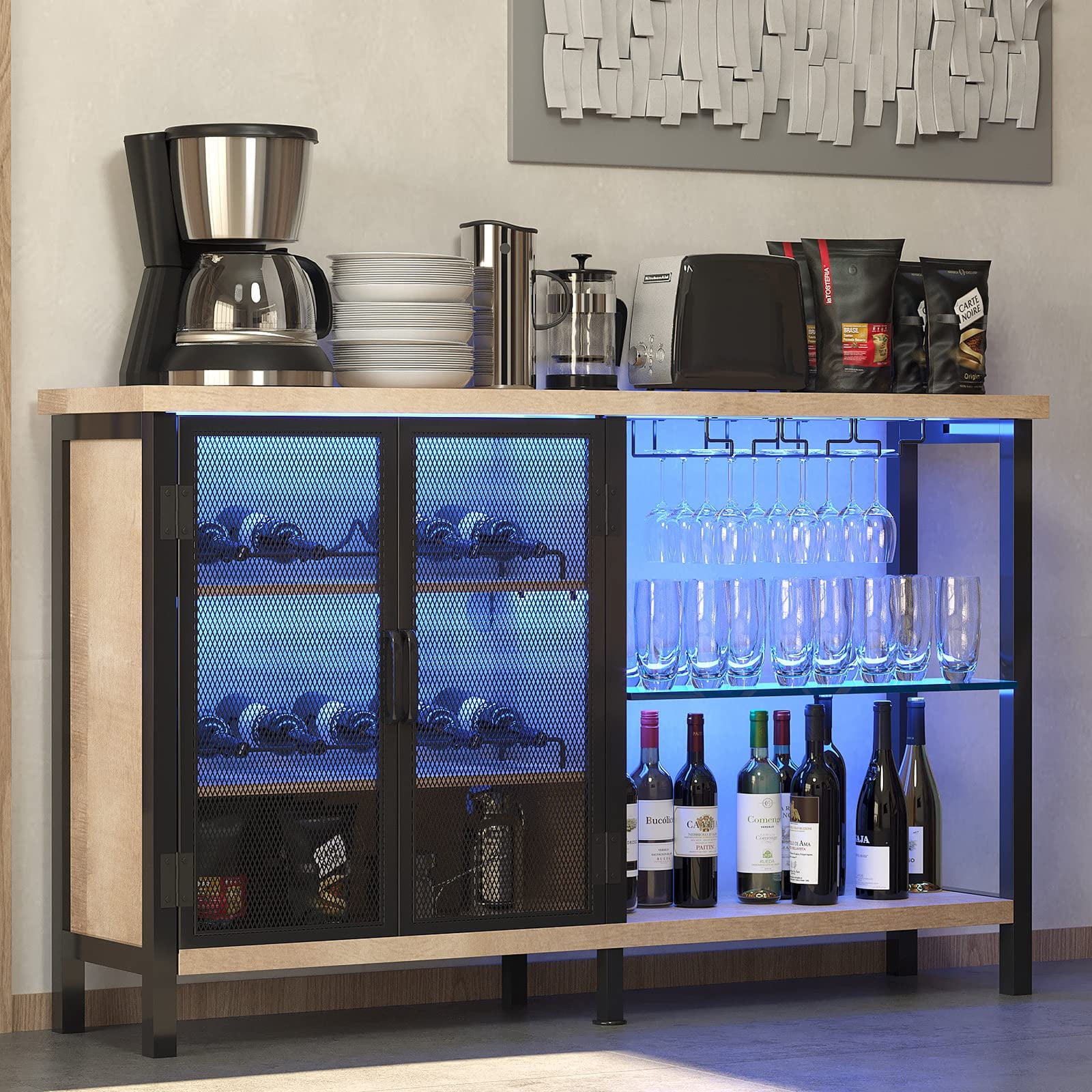 Industrial Bar With LED Lights for Liquor and Glasses, 47" Coffee Bar Liquor