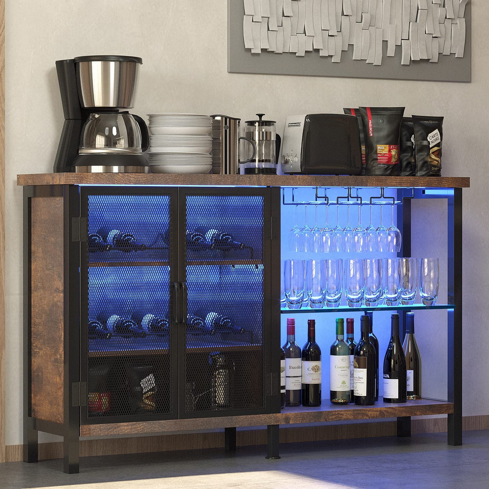 Industrial Bar With LED Lights for Liquor and Glasses, 47