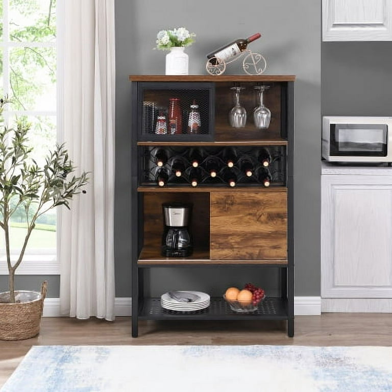 Industrial Bar Cabinet with Wine Rack for Liquor and Glasses Wood and Metal Cabinet for Home Kitchen Storage Walmart