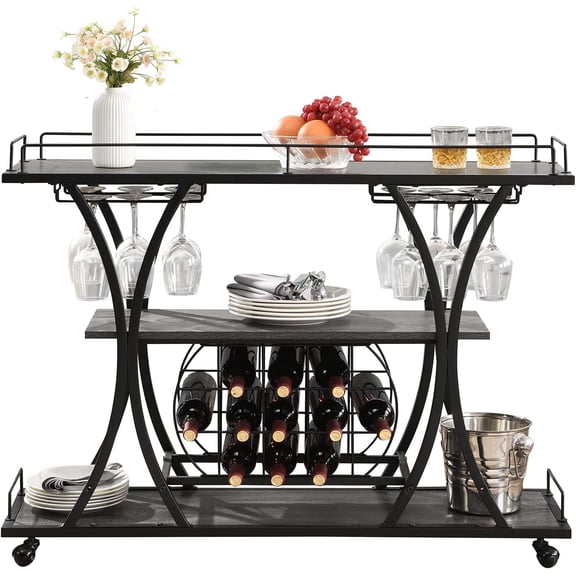 Industrial Bar Cart, Rolling Serving Cart with Wine Racks & Glass Holder, 3 Tier Shelf Wooden Metal Liquor Tea Barcart Trolley on Wheel for Home, Grey