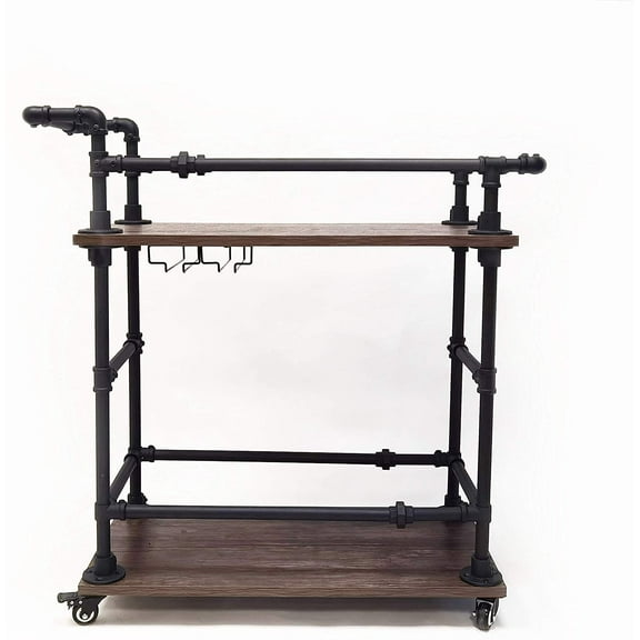 Industrial Bar Cart with Wine Rack and Glass Holder, Metal Serving Cart, Kitchen Storage Trolley, Brown