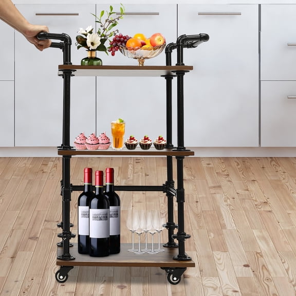 Industrial Bar Carts/Serving Carts/Kitchen Carts/Wine Rack Carts on Wheels with Storage - Industrial Rolling Carts - Wine Tea Liquor Shelves/Holder