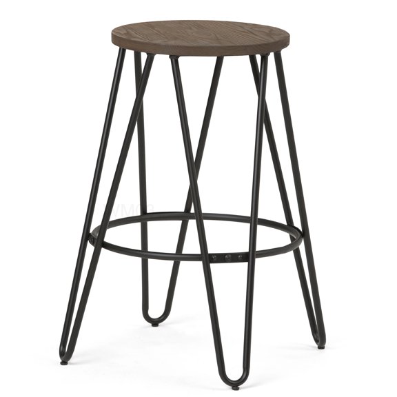 Industrial Bar Stool 24 Inch Height with Wood Seat and Metal Legs, Dark Brown Finish for Kitchen and Bar