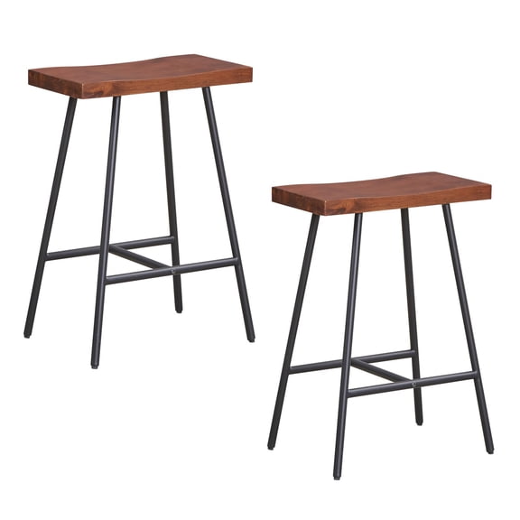 Industrial Bar Stools 24 inch Backless Counter Height Saddle Stools with Footrest, Metal Legs Adjustable Foot Pads for Kitchen Island Cafe Restaurant, Black (Set of 2)