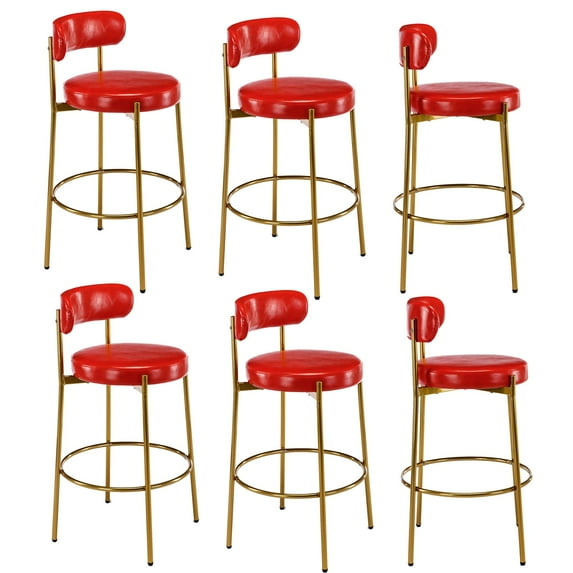Industrial Bar Stools, Counter Height Barstools, Upholstered Bar Stools with Back and Cushion Bar Chairs, 28 Inch Kitchen Island Bar Chair, Metal Golden Legs(Red PU,Set of 6)