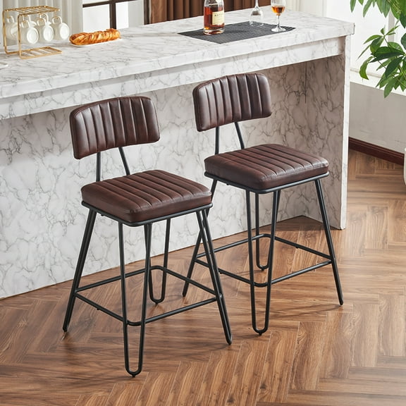 Industrial Bar Stools Set of 2, Counter Height Chairs with PU Leather Upholstery & Metal Frame, Vintage Bar Chairs with Backrest & Footrest for Kitchen Island, Dining Room, Home Bar, Brown