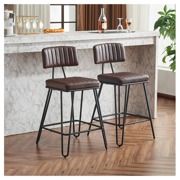 Industrial Bar Stools Set of 2, Counter Height Chairs with PU Leather, Vintage Metal Frame, Backrest & Footrest for Kitchen Island, Dining Room, Home Bar - Brown