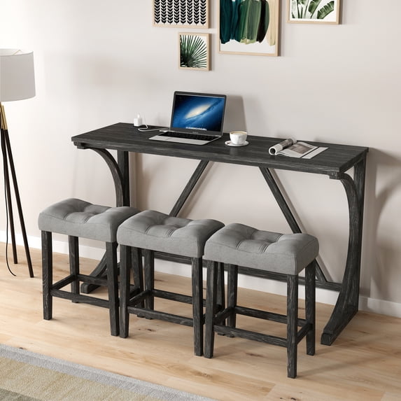Industrial Bar Table Set with Power Outlet 4-Piece, 36 inch High Top Table with 3 Stools, Breakfast Nook Set for Kitchen Living Room Game Room, Grey and Black