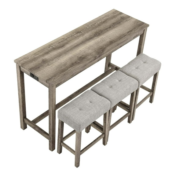 Industrial Bar Table Set with Power Outlet, 4 Piece Counter Height Table and Chairs Set with Electrical Outlets, Kitchen Breakfast Nook Set, for Dining Room, Game Room, Cafe, Brown