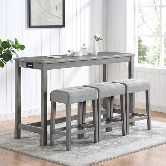 Industrial Bar Table Set with 4 Chairs and Power Outlet for Kitchen Dining Room Game Room Space Saving Breakfast Nook