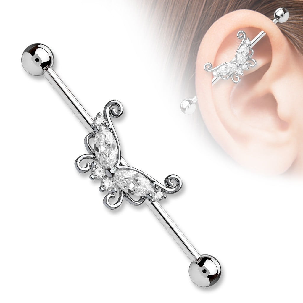 Industrial Barbell Crystal Pierced Owl 14GA Triple CZ Rounds On A