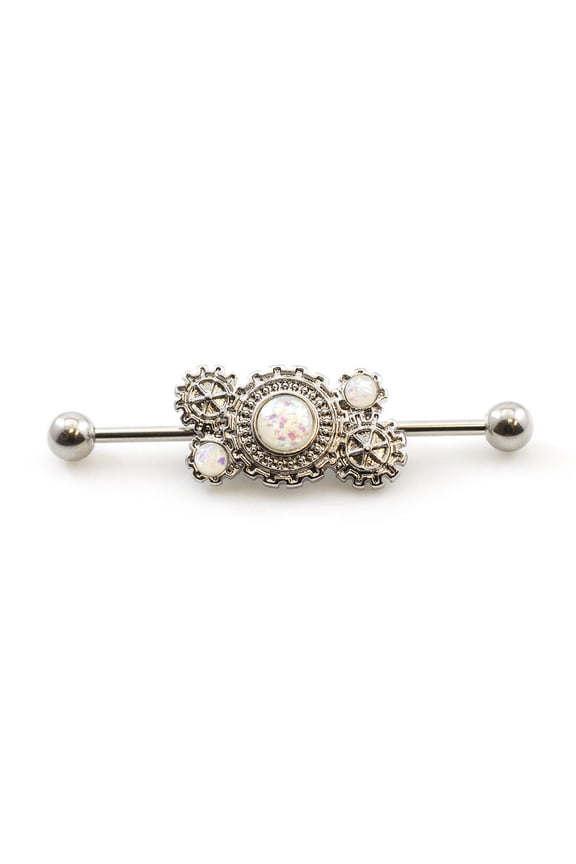 Industrial Barbell Steampunk design with Opalite Stone 14g