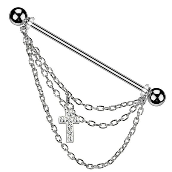 Industrial Barbell Triple Chain and CZ Pave Cross 316L Surgical Steel