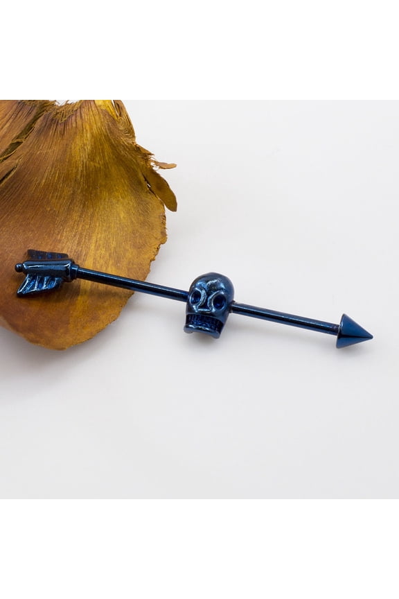 Industrial Barbell with Skull Design Anodized Titanium 14G