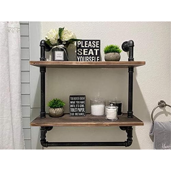 Industrial Bathroom Shelves - Wall Mounted 2 Tiered 2.24in Pipe Shelving with Towel Bar, Rustic Farmhouse Towel , Metal Floating Shelves Over Toilet | Home Decor, Kitchen, & Other