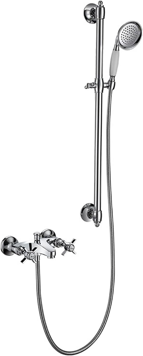 Industrial Bathtub Faucet with Handheld Shower Tub Filler Faucet Wall Mount Brass Tub Faucet 2 Handles 2 Holes Tub Mixer Tap with Liftable Shower Rod, Shower Hose,Chrome