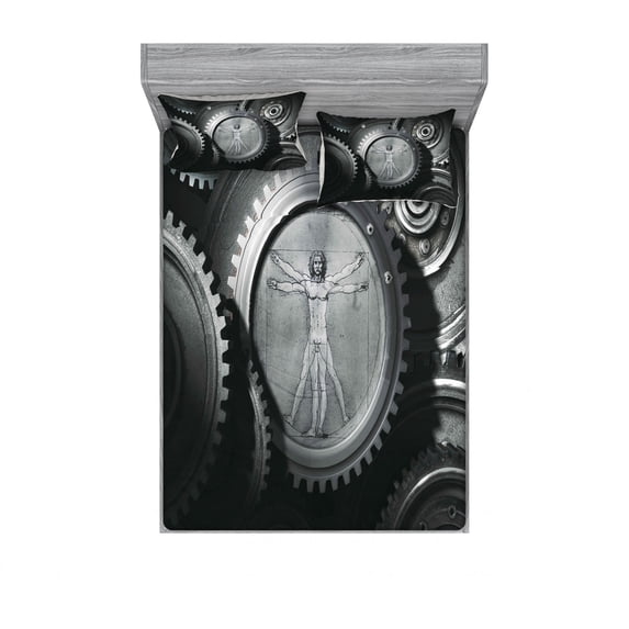 Industrial Bedding Set with Sheet & Covers, Wheels of System with Medieval Old Human Body Animation Device Gears of Whole Theme, Printed Bedroom Decor 2 Shams, 4 Sizes, Grey, by Ambesonne