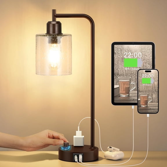 Industrial Bedside Table Lamp for Bedroom - Nightstand Lamps with USB C Charging Port, Fully Dimmable Black Ports and Outlets, Small Desk Glass Shade Office Living Room