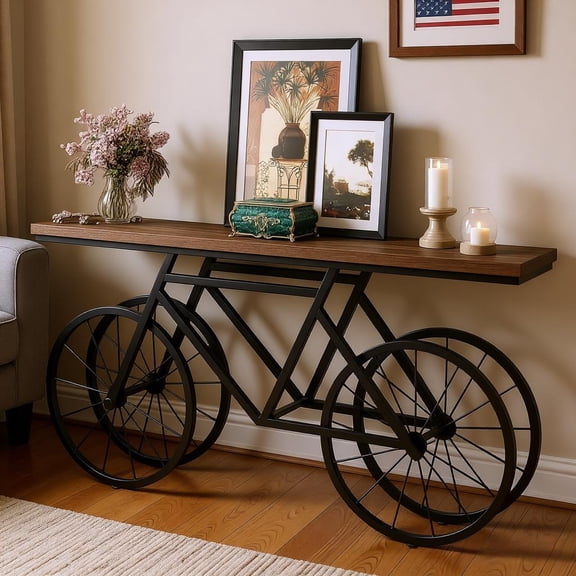 Industrial Bicycle Wheel Console Table 70In Long Narrow Entryway Table for Behind Couch, Hallway Sofa Table Modern Farmhouse Foyer Table Unique Metal Base Decor for Living Room, Apartment Small Space
