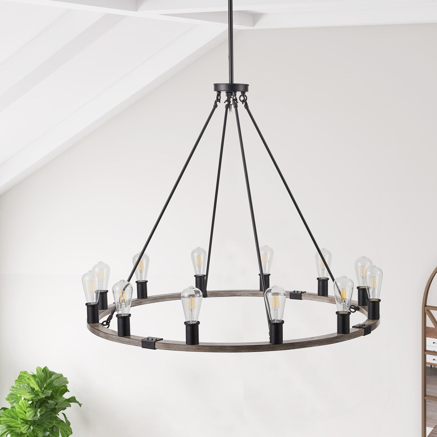 Industrial Black 12Light Wagon Wheel Farmhouse Chandlier Fixture