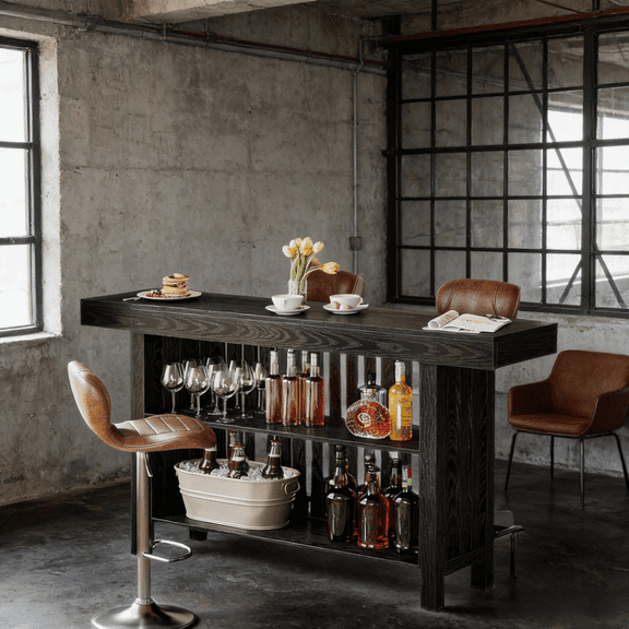 Industrial Black Bar Table with Two Tier Storage Open Shelf Modern Home Bar Cabinet for Living Room Dining Basement Pub Entertainment Center Wine Rack 63 Inch Counter Height Table