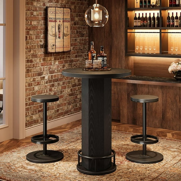 Industrial Black Bar Table with Chairs, Round Bistro Sets with 2 barstools