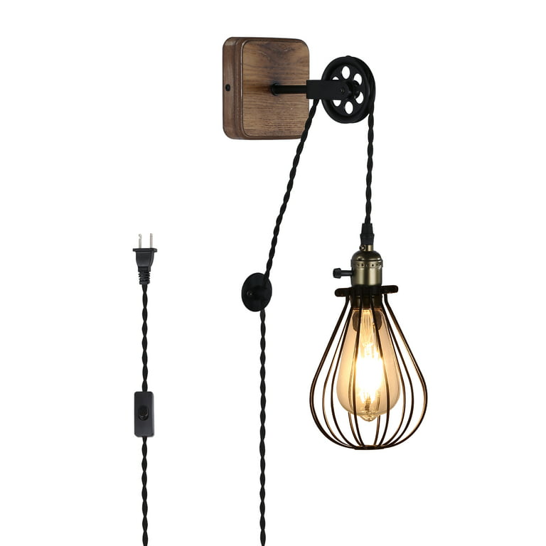 Industrial Black Cage Plug in Cord Wall Sconce, Rustic Hanging Wall Light  Fixture Lift Pipe Pulley with Toggle Switch, Wood Pendant Lamp Decoration  for Headboard Reading Living Room Bedroom 