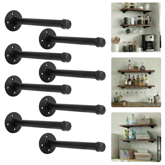 Industrial Black Iron Pipe Shelf Brackets, Floating Shelf Bracket, Clothing Rack, Wall Mount DIY Shelving Brackets Pipe Decor Wall Rustic Garment Rack Hardware Included, 8 Inch Set of 8
