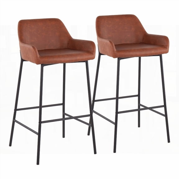 Industrial Black Metal & Camel Faux Leather Bar Stools - Set of 2