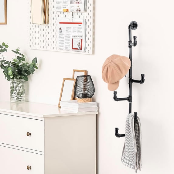 Industrial Black Metal Pipe Wall Mounted Hat and Coat Rack Tree with 6 ...