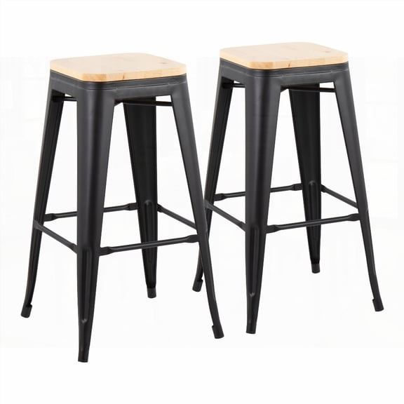 Industrial Black Steel & Natural Wood 2-Piece Bar Stools by LumiSource - Set for Daily Seating