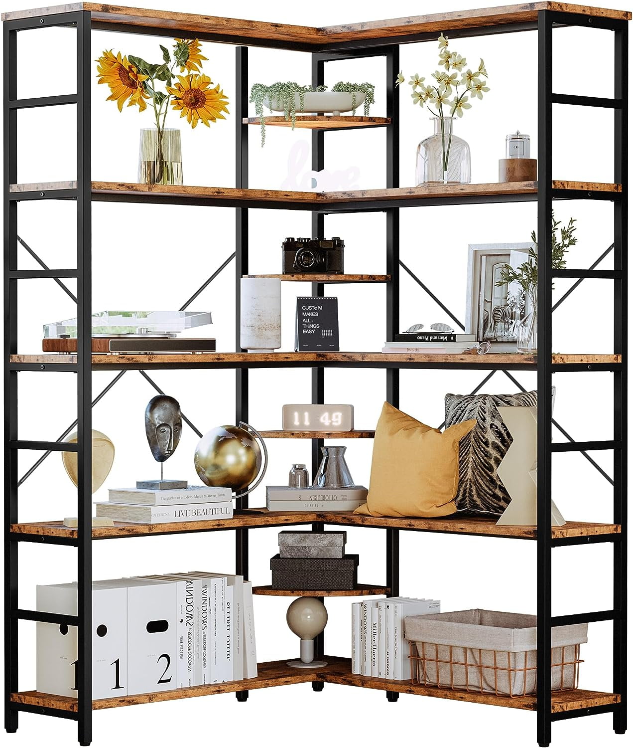 Industrial Bookcases and Bookshelves, 5Tiers Corner Bookcase with