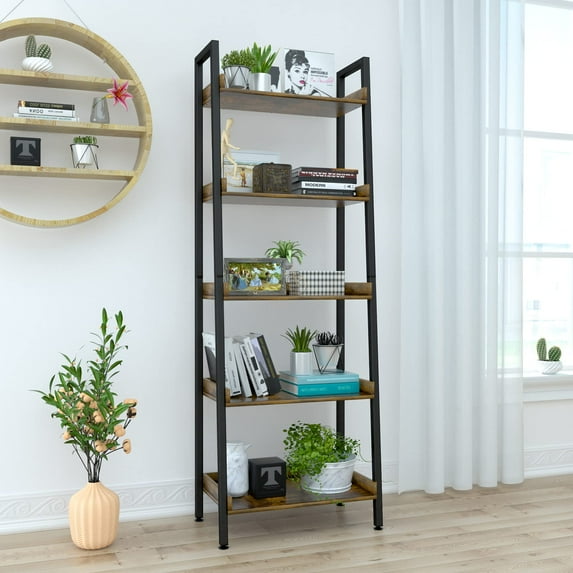 Industrial Bookshelf 5-Tier, Bookcase Ladder Shelf, Storage Shelves Rack Shelf Unit, Accent Furniture Metal Frame, Home Office Furniture for Bathroom, Living Room