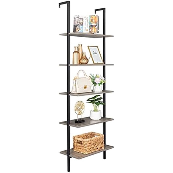 Industrial Bookshelf 5-Tier Modern Ladder Shelf, Vintage Metal Pipes and Wood Shelves, Ladder Shelf Wall Mounted Bookcase (Gray and Black Frame, 5-Shelf Bookcase)
