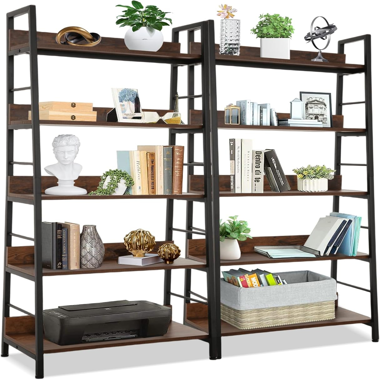 Industrial Bookshelf Ladder 5 Tier Large Floor Freestanding Rack