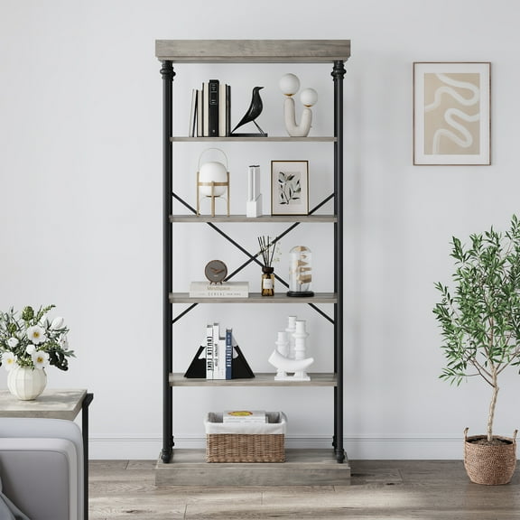 Industrial Bookshelf Wood Bookcase, 6 Tier Storage Open Rack Shelf with Metal Frame, Rustic Free Standing Bookshelves, Large Display Rack for Bedroom,Living Room and Home Office