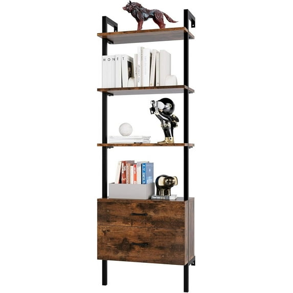 KAAYEE 71"Industrial Bookshelf with Wood Drawers,4-Tier Wall Mount Display Shelf for Bedroom,Living Room,Rustic Brown