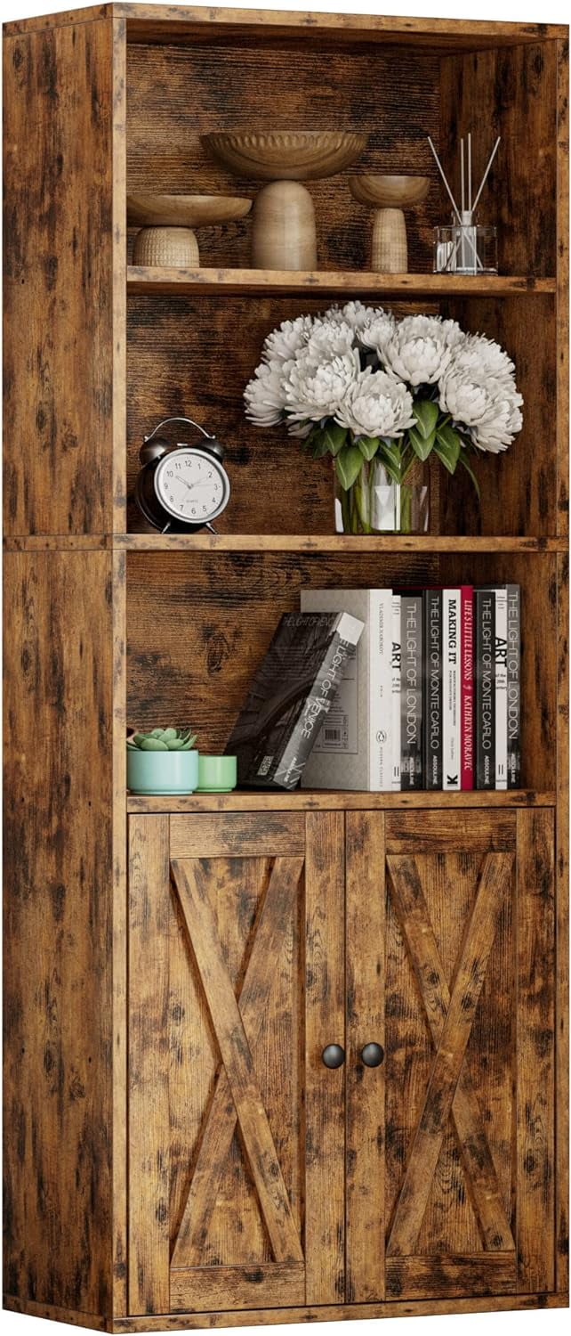 Vintage Brown 5-Shelf Bookcase with Doors and Rustic Finish